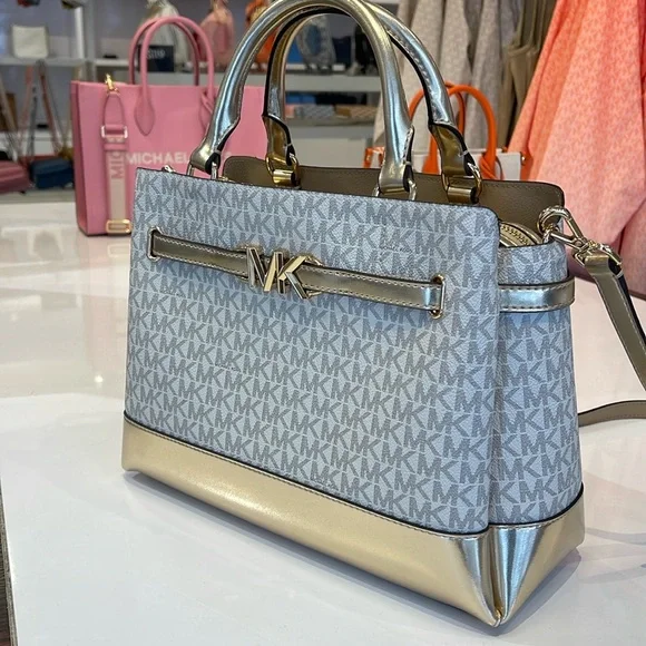 MICHAEL KORS 
Reed Large CZ Graphic Logo Belted Satchel
Vanilla /Pale Gold 
NWT - Picture 12 of 16